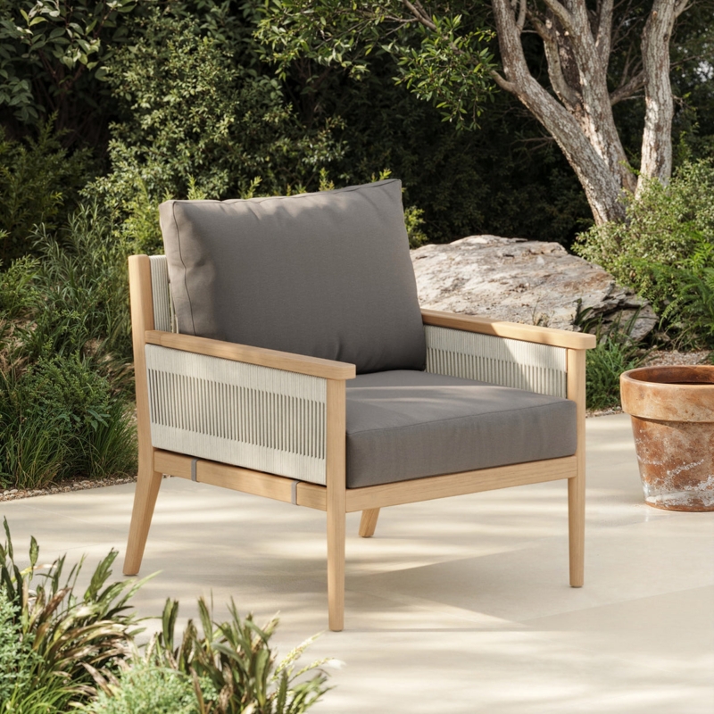 Patio Armchair Light Wood Frame Vertical Rope Detail Gray
