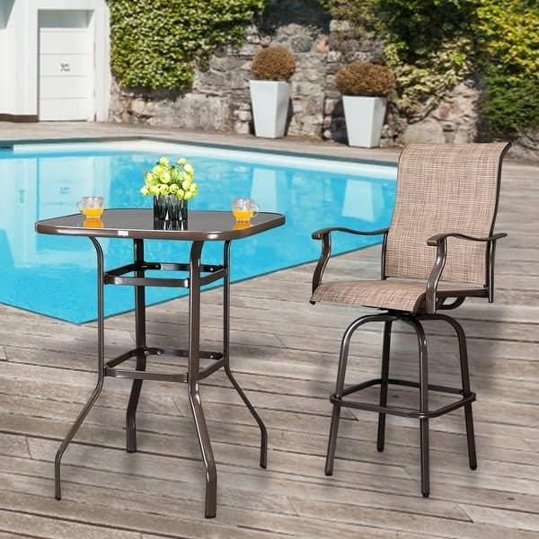 Patio Bar Set Glass Top Mesh Swivel Stool Bronze Finish Outdoor Sling