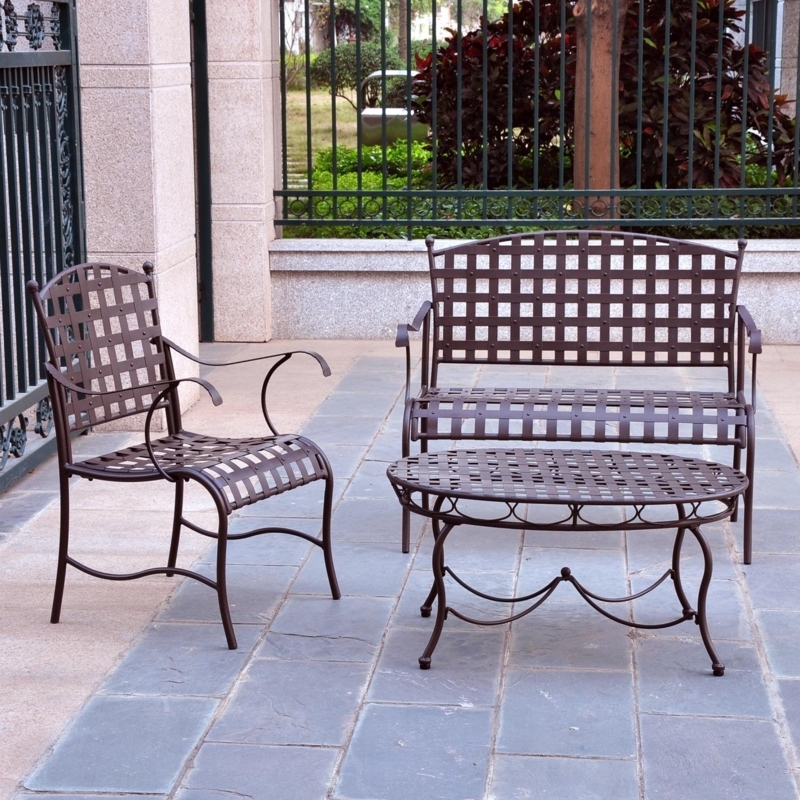 Patio Lounge Set 3-Piece Wrought Iron Lattice Pattern Scrolled Legs
