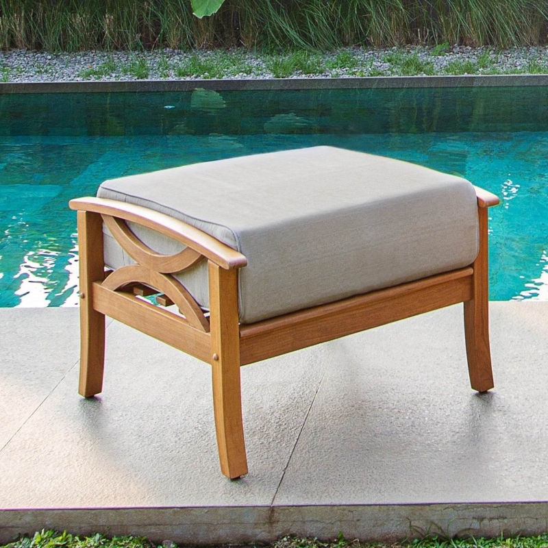 Patio Ottoman X Side Stretchers Teak Wood Coastal Outdoor Footstool