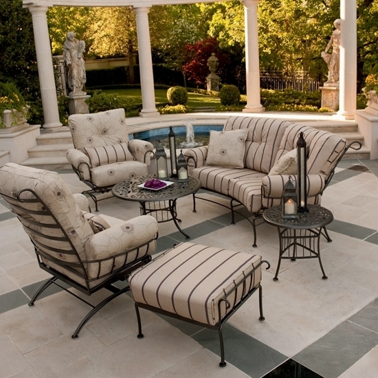 Patio Set Wrought Iron Curved Sofa Filigree Tabletop Striped Upholstery
