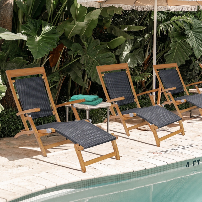 Patio Steamer Chair Teak Wood Black Woven Inlay Reclining