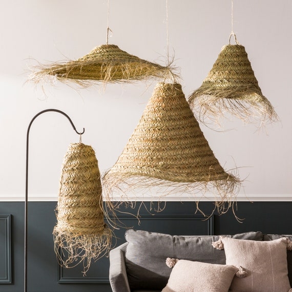 Pendant Light Natural Fiber Frayed Fringe Braided Bohemian Hanging Light