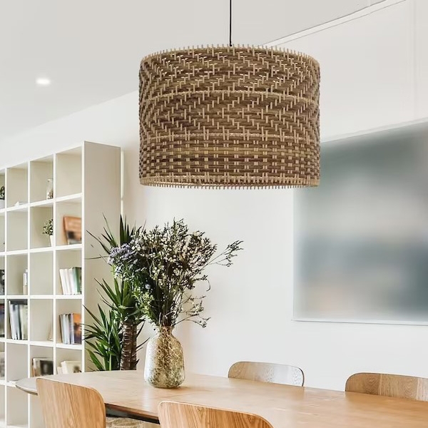 Pendant Light Rattan Drum Shade Zig Zag Weave Oversized Scale