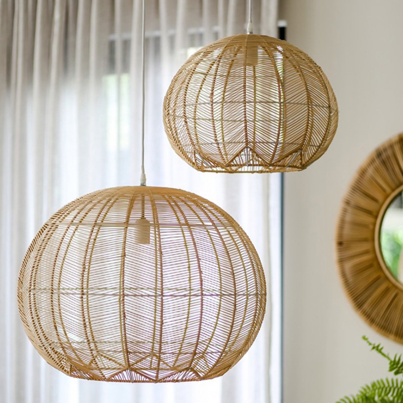 Pendant Light Rattan Ribbed Texture Spherical Shade Scalloped Japandi