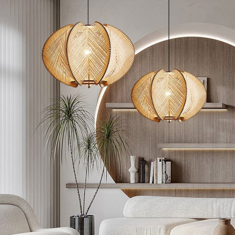 Pendant Light Wood Slats Lantern Shape Hand Woven Scandinavian