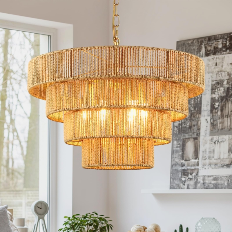 Pendant Light Woven Fiber Four Tiered Concentric Gold Hardware