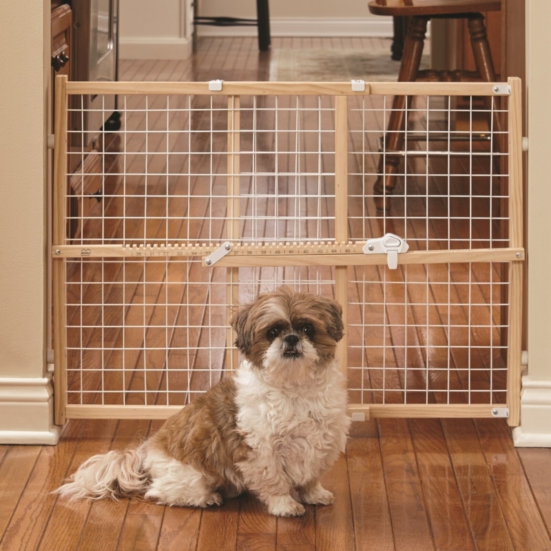 Pet Gate: Light Wood Expandable Width With White Grid Mesh
