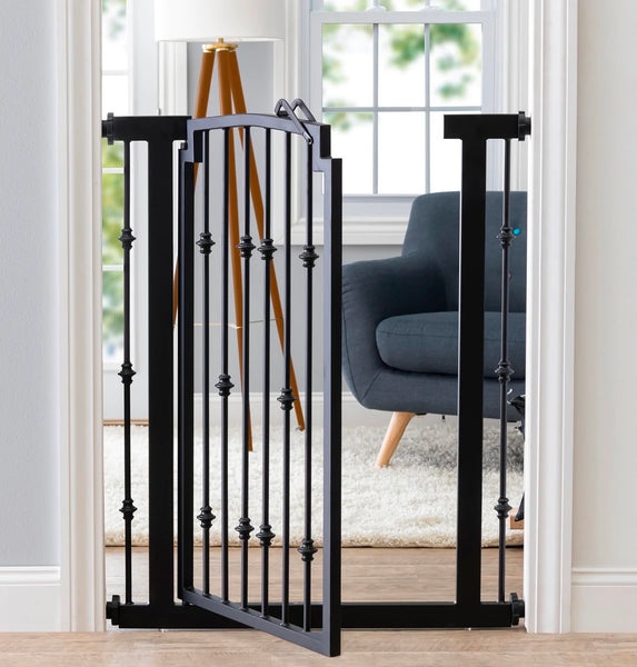 Pet Gate: Matte Black Metal Arched Door Decorative Spindles