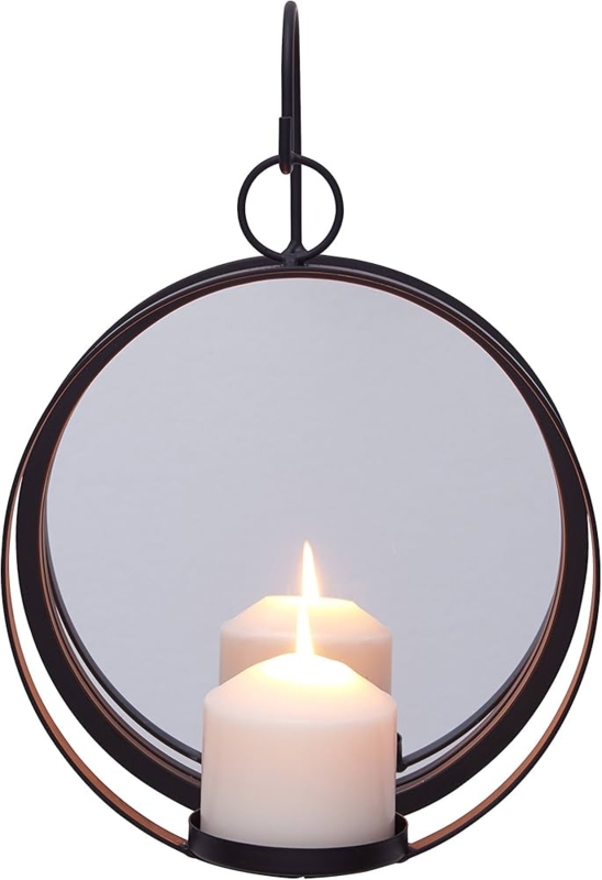 Pillar Candle Sconce Industrial Round Double Ring Frame with Mirror
