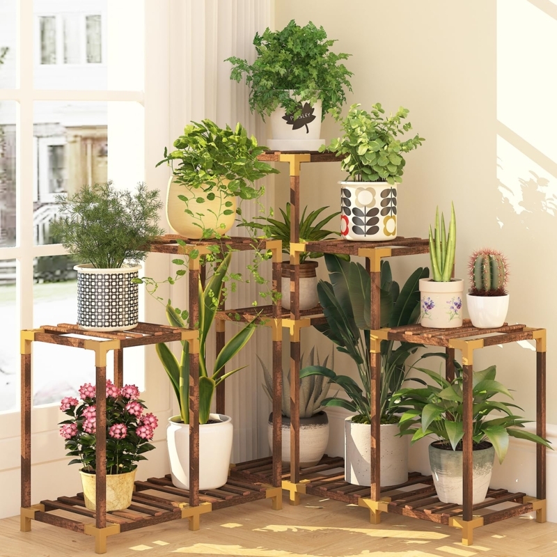 Plant Stand 11 Tier Staggered Design, Corner Unit with Slatted Wood Look