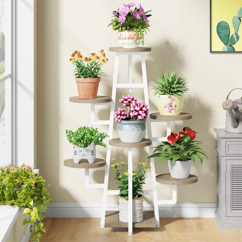 Plant Stand 7 Tier Design Staggered Shelves White Frame Wood Toned