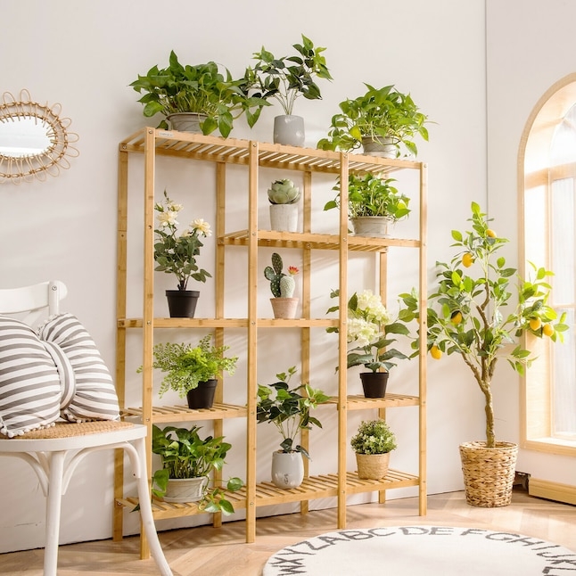Plant Stand Bamboo Like Slatted Shelves Staggered Levels Scandinavian