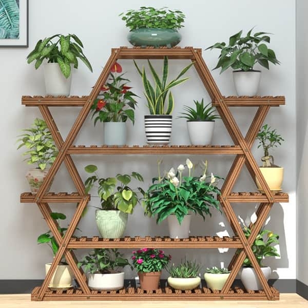 Plant Stand Geometric Lattice Hexagonal Frame Slat Shelving Modern