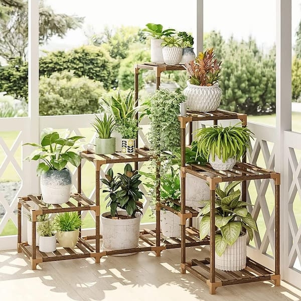 Plant Stand Ladder Style, Modular Design Slatted Shelves Corner Fit