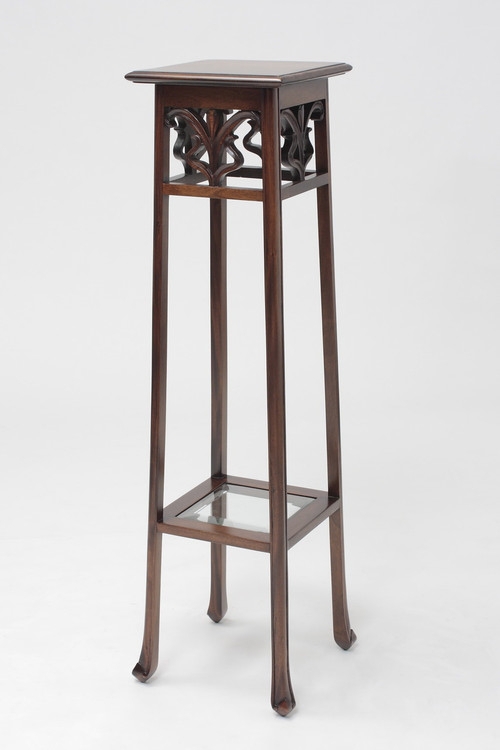 Plant Stand Pierced Carving Glass Shelf Insert Tall Slender Mahogany