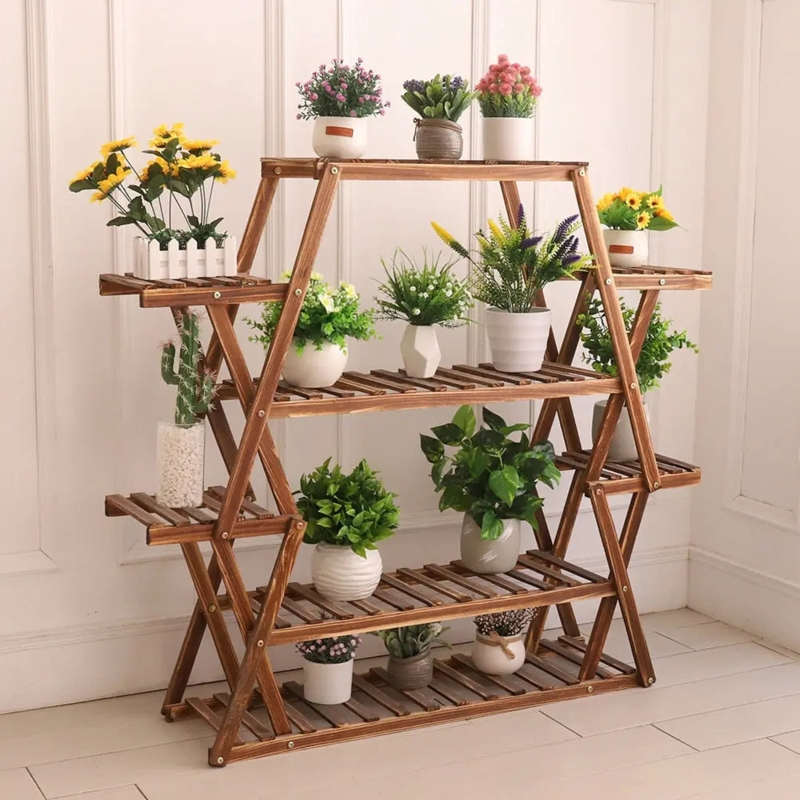 Plant Stand Triangular Frame Six Tier Display Slatted Shelves Rustic