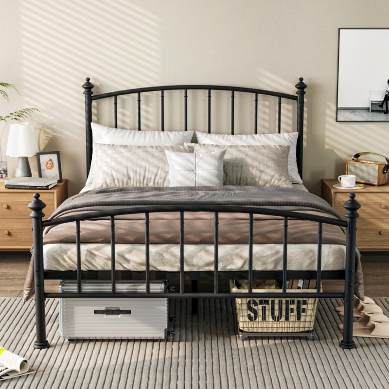 Platform Bed Frame Matte Black Victorian Arched Headboard Spindles
