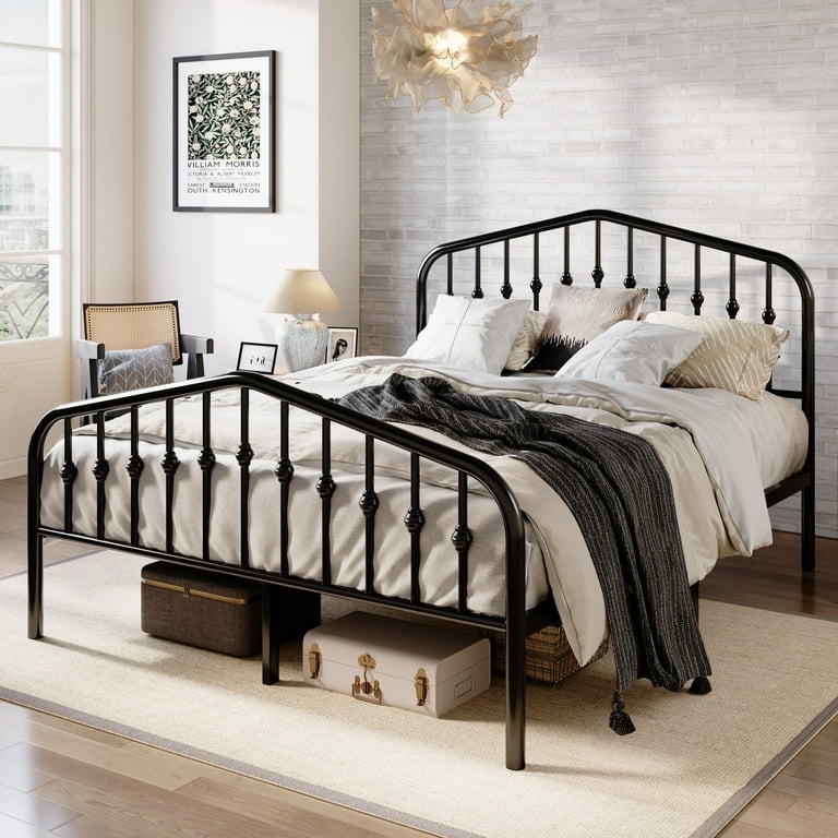 Platform Bed Matte Black Arched Spindle Headboard Matching Footboard