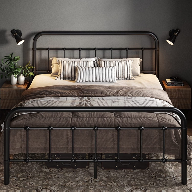 Platform Bed Matte Black Curved Headboard Decorative Knobs Industrial