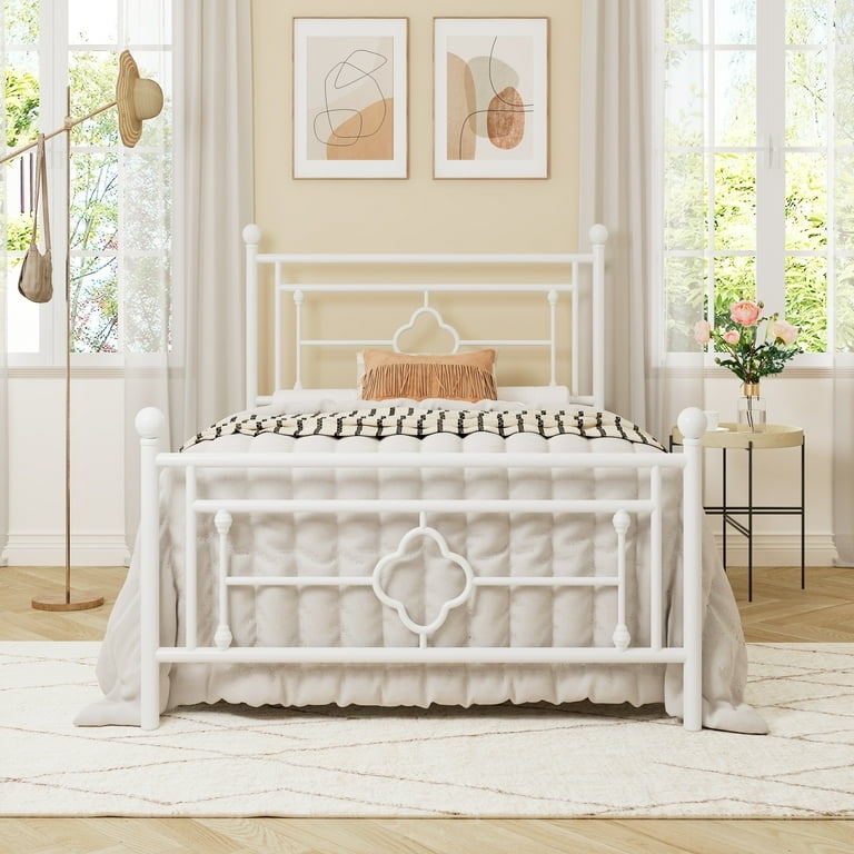 Platform Bed White Metal Quatrefoil Motif Ball Finials Victorian