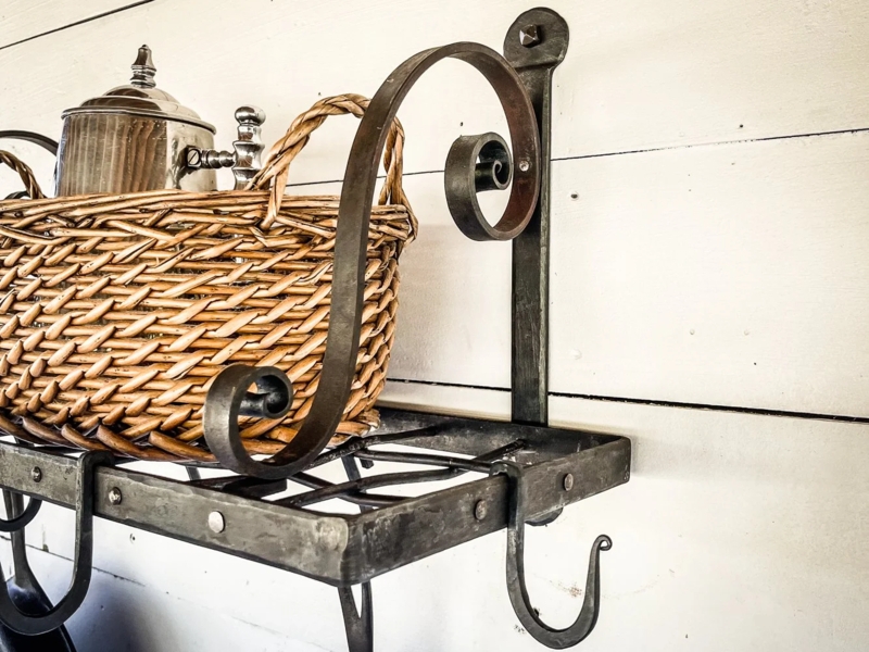 Pot Rack Hand Forged Texture Scrolling Bracket Slatted Shelf Wicker