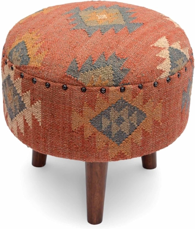 Pouf Ottoman Kilim Weave Tripod Base Southwestern Round Stool