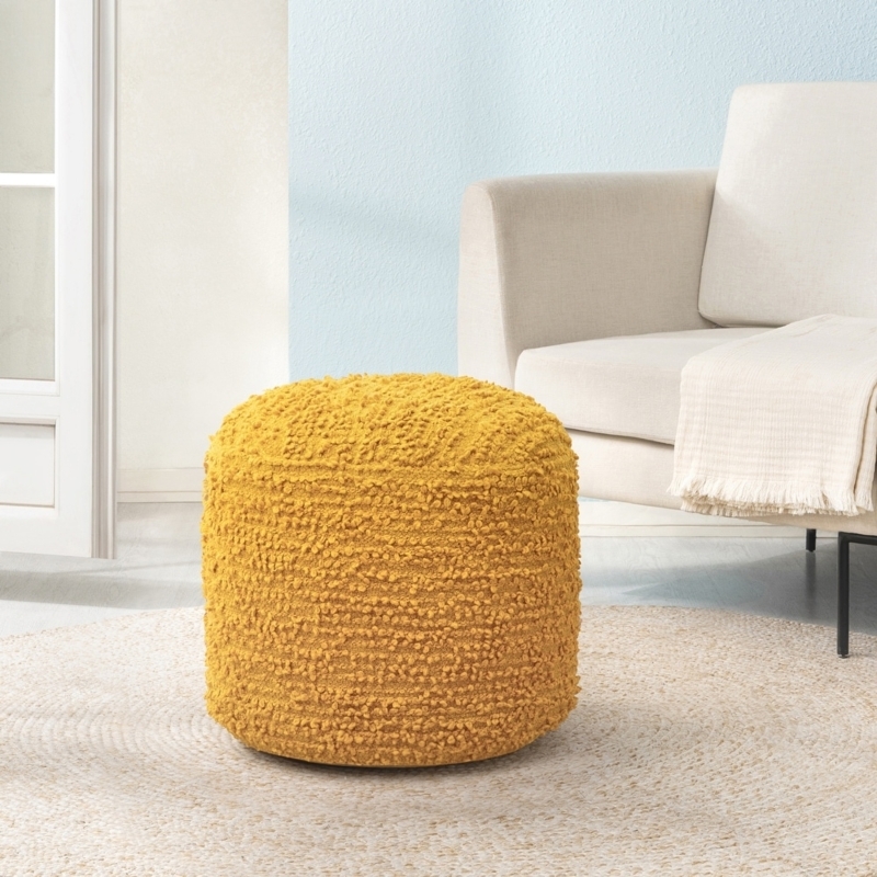 Pouf Ottoman Mustard Yellow Popcorn Knit Seating Round Shape
