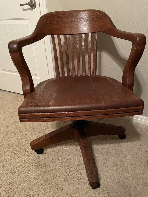 Quartersawn Oak Swivel Chair Antique Slat Back Banker Style
