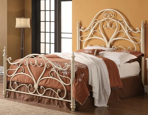 Queen Bed Frame Antique White Ornate Scrollwork Heart Motif Romantic