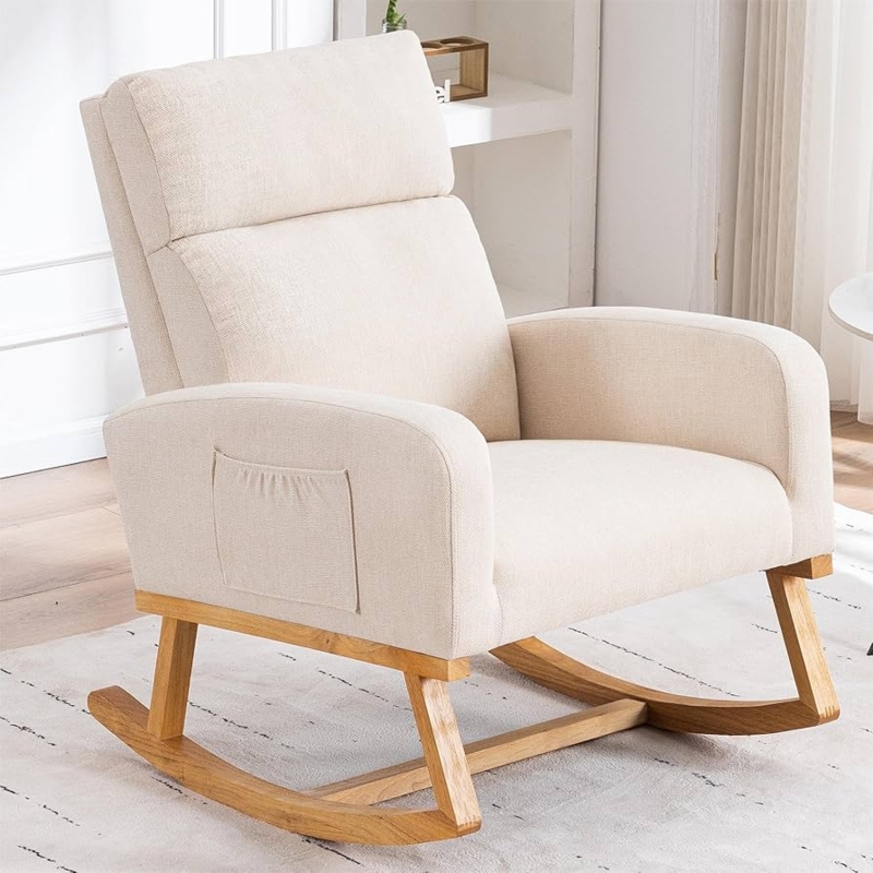 Rocking Chair Beige Fabric Scandi Style with Side Pocket