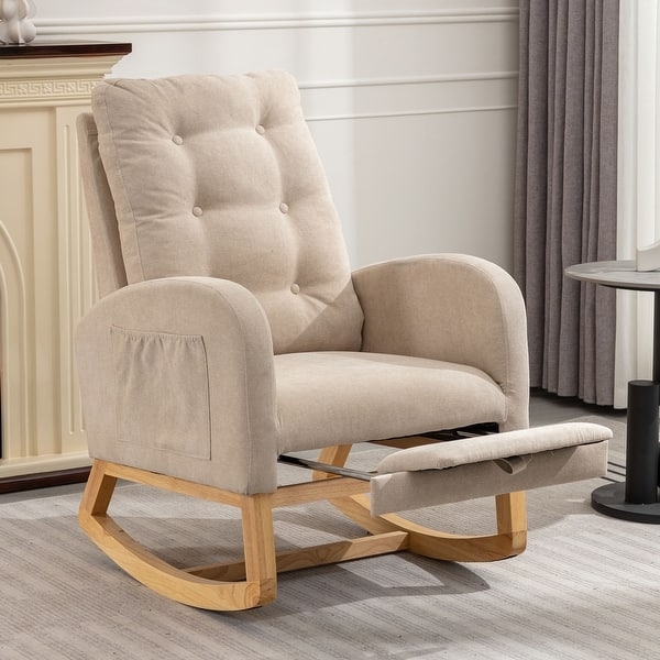 Rocking Chair Beige Tufted Fabric with Extendable Footrest