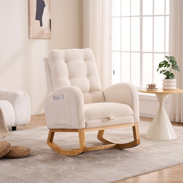 Rocking Chair Cream Boucle Fabric Button Tufted Side Pocket