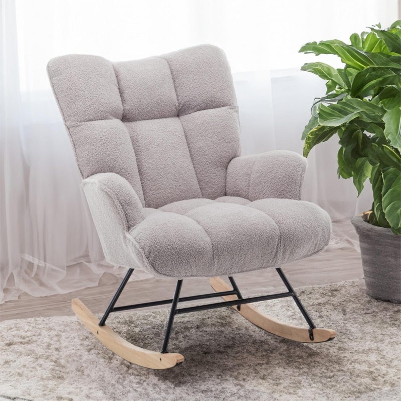 Rocking Chair Grey Teddy Fleece Black Metal Frame Modern