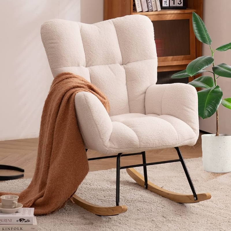 Rocking Chair Ivory Boucle Fabric Modern Nursery Glider