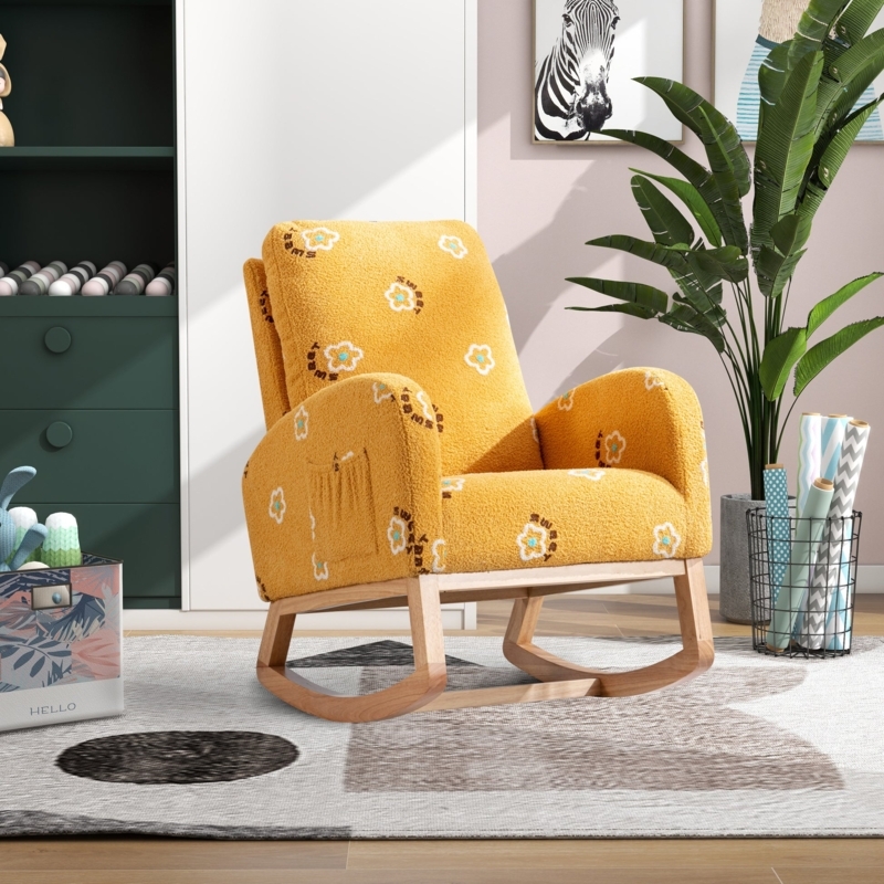 Rocking Chair Mustard Yellow Floral Boucle with Side Pocket