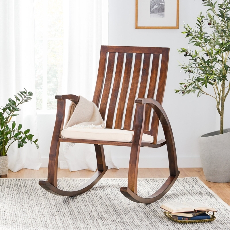 Rocking Chair Slatted Wood Back Espresso Finish with Cushion