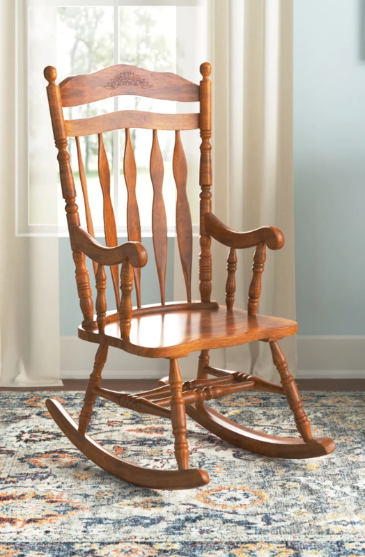 Rocking Chair Traditional Honey Oak Carved Top Rail Spindle