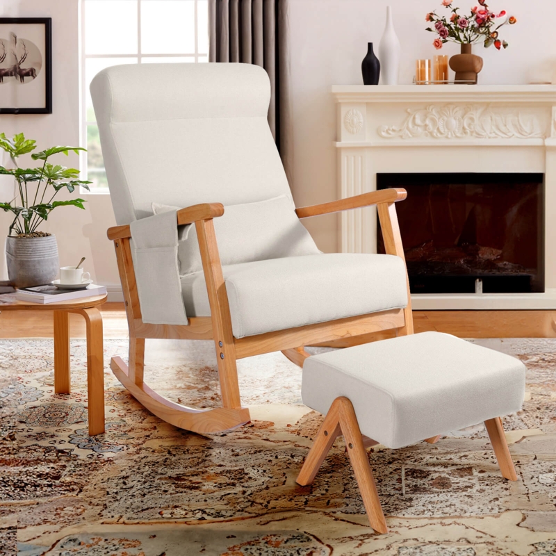 Rocking Chair Upholstered Fabric Set with Ottoman and Pocket