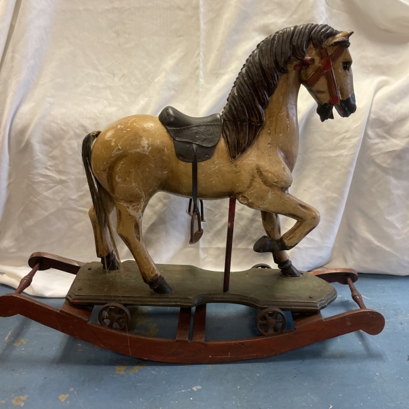 Rocking Horse Antique Hand Carved with Iron Wheels