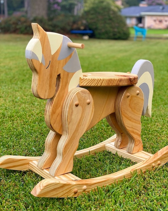Rocking Horse Contemporary Layered Plywood Soft Gray Painted Accents