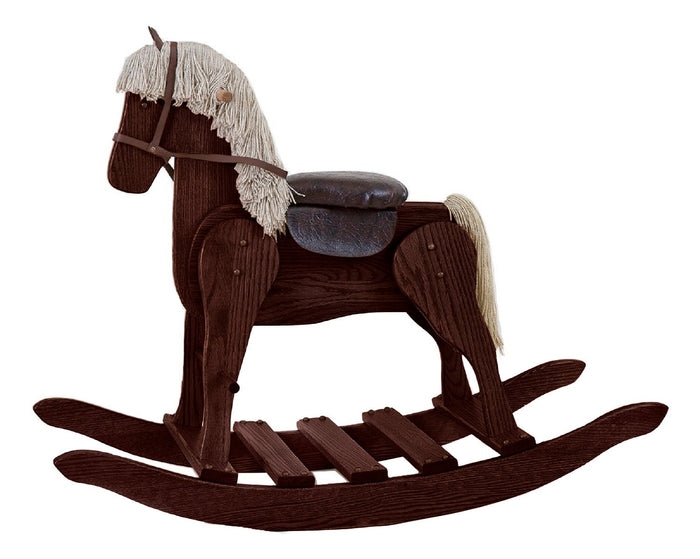 Rocking Horse Dark Stained Wood with Leather Seat and Four Slat Base