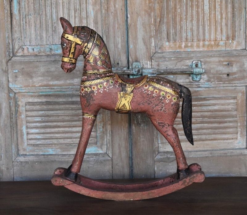 Rocking Horse Figurine Hand Carved with Ornate Painted Saddle