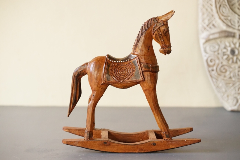 Rocking Horse Hand Carved Antique Brown with Unique Spiral Carving