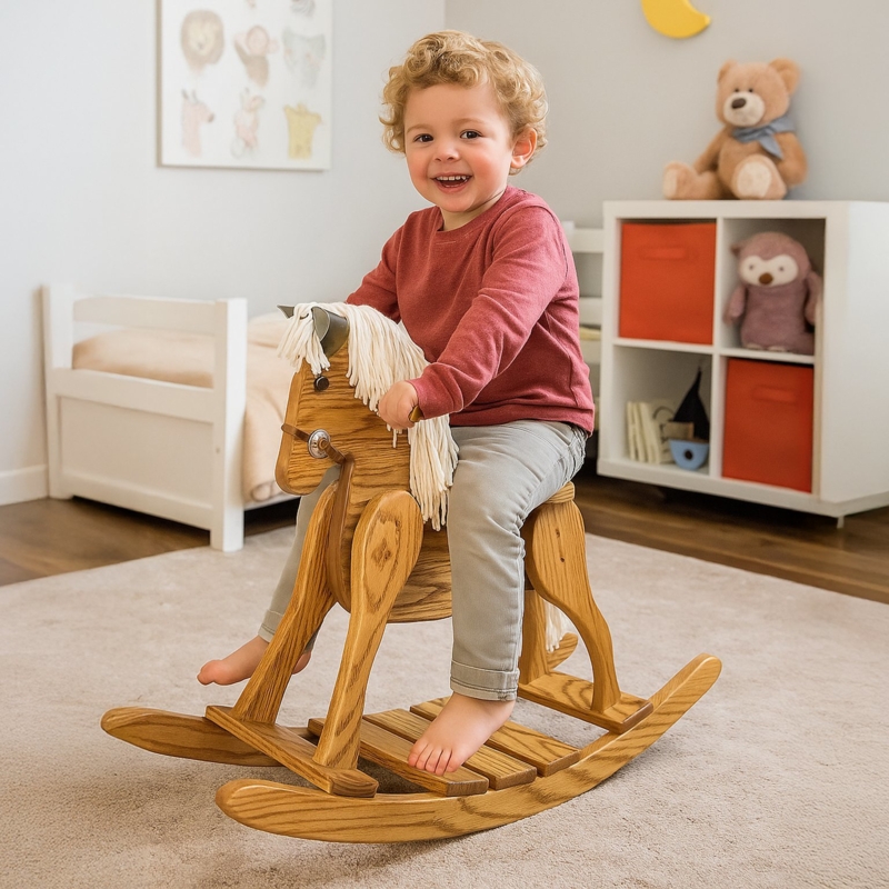 Rocking Horse Honey Oak Amish Handcrafted with Yarn Mane
