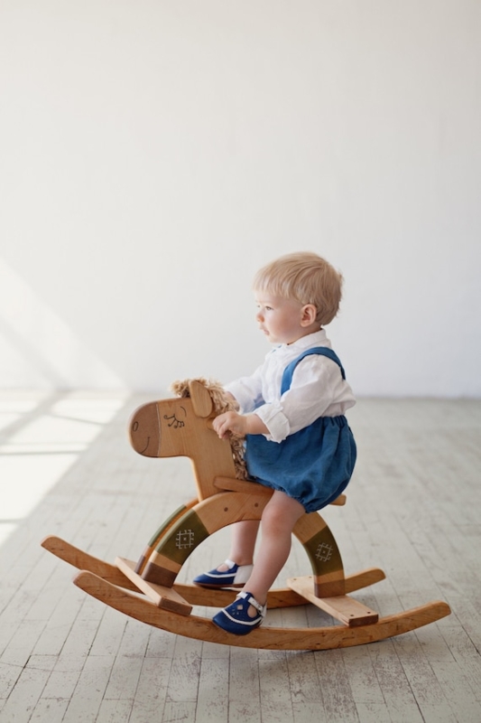 Rocking Horse Honey Wood Sage Green Arched Support Geometric Detail