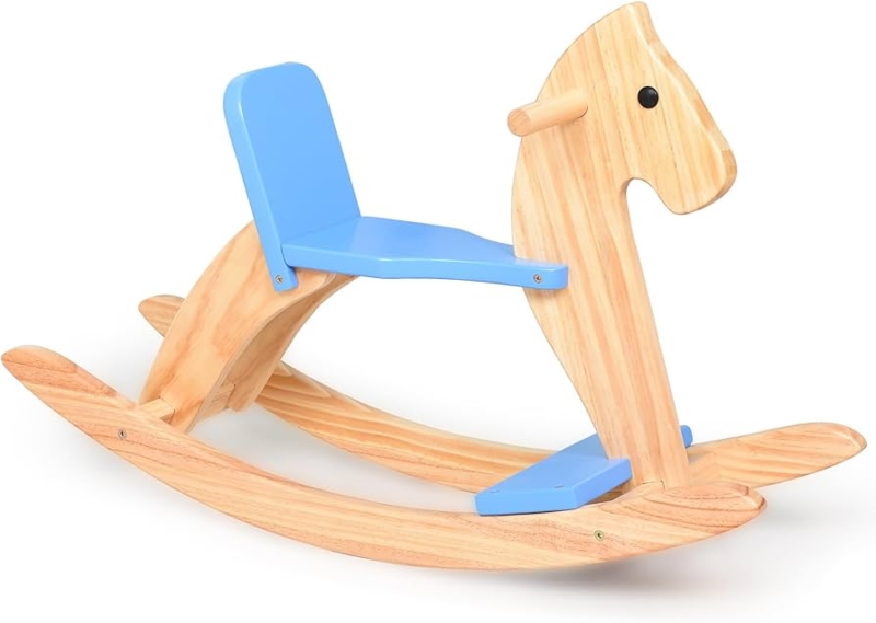 Rocking Horse Modern Nursery Natural Wood Sky Blue Safety Backrest