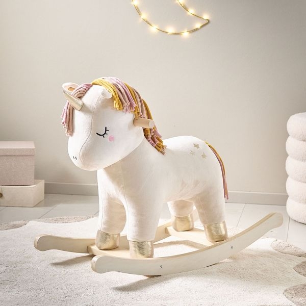 Rocking Horse Plush Unicorn with Golden Horn Whimsical Nursery Decor