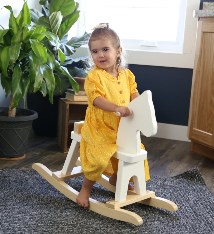 Rocking Horse Scandi Style Crisp White Body Light Wood Four Leg Base