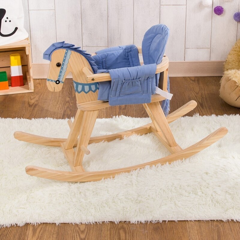 Rocking Horse Scandinavian Wood Blue Upholstered Padded High Back Seat